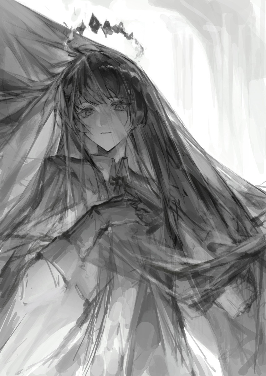 1girl, :o, absurdres, arknights, collared_shirt, expressionless, gloves, greyscale