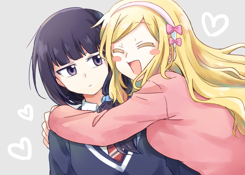 2girls, black_hair, black_sweater, blonde_hair, blush, carol_olston, closed_eyes, grey_background