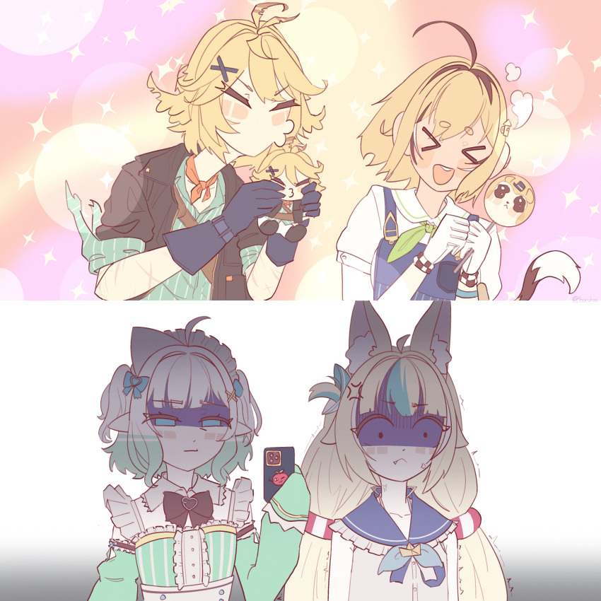 >_<, 4girls, absurdres, ahoge, animal_ears, aqua_hair, black_gloves, black_hair