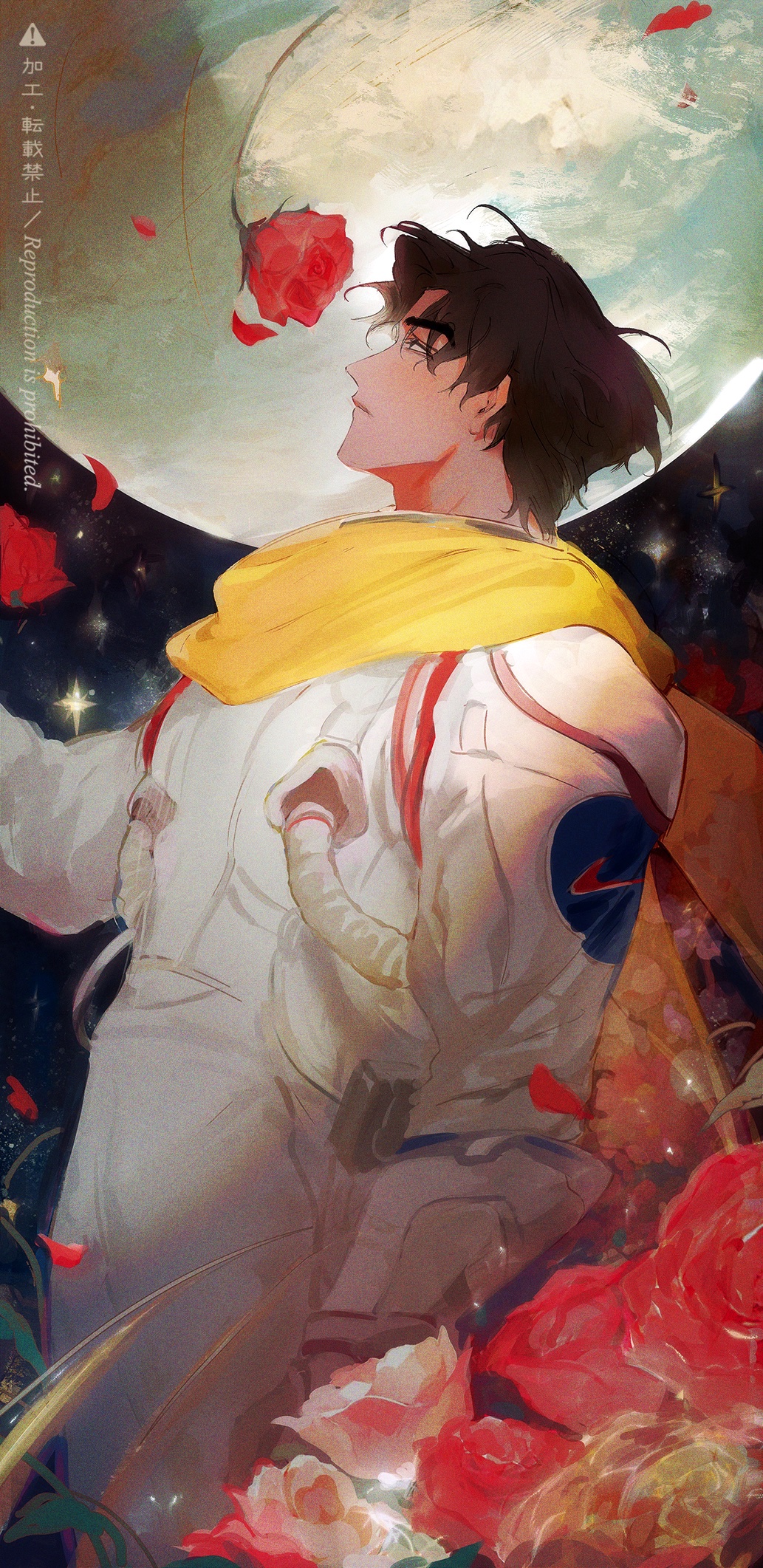 1boy, astronaut, black_eyes, black_hair, expressionless, falling_petals, feet_out_of_frame, flower