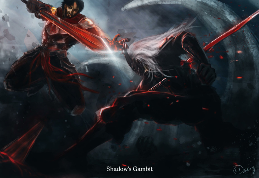 1boy, 1other, anvil_(shadow_slave), armor, artskiddy69, attack, beard, black_gloves, black_hair, clenched_hand, debris, facial_hair, fighting, from_below, full_body, glass_shards, glint, gloves, hair_flowing_over, highres, holding, holding_sword, holding_weapon, jumping, long_hair, mask, rope_belt, serious, shadow_slave, short_hair, sunny_(shadow_slave), sword, weapon, white_hair