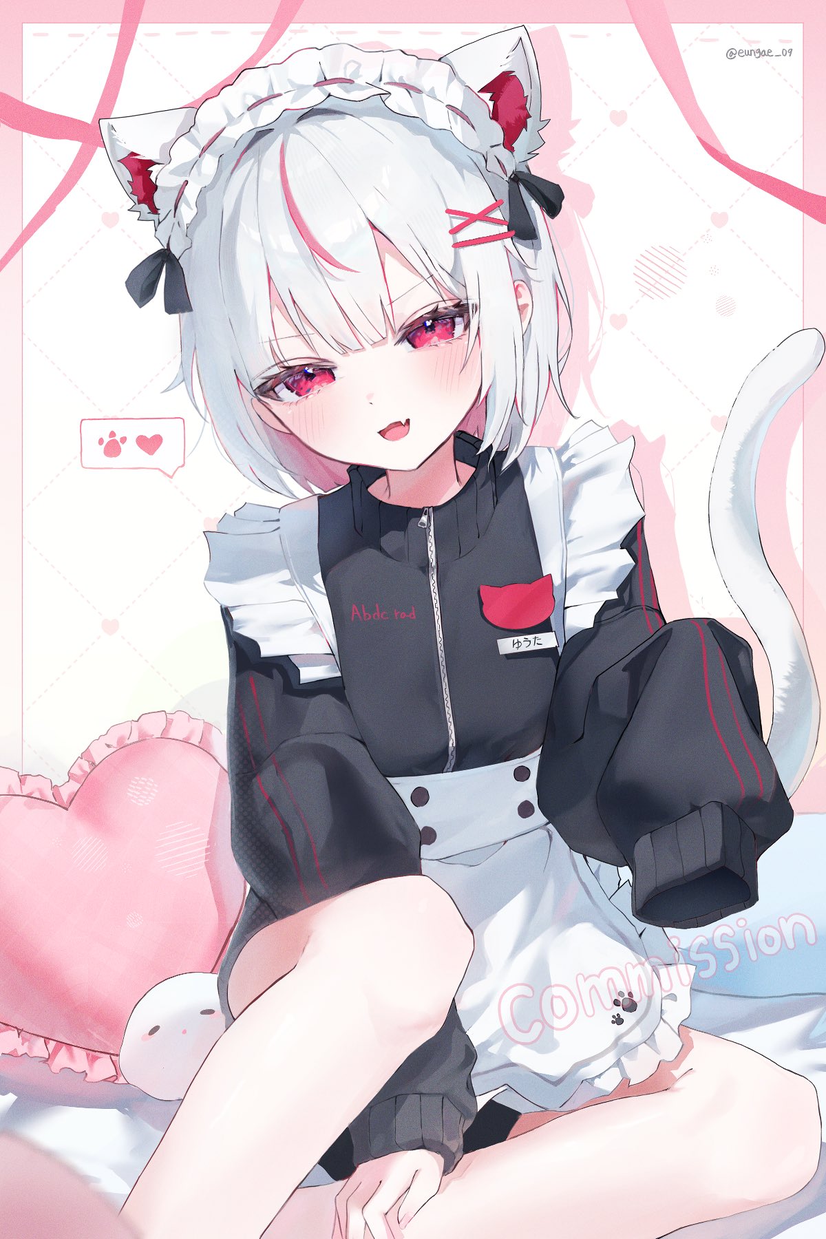 1boy, animal_ears, apron, black_jacket, blush, cat_ears, cat_tail, commentary, commission, eungae_09, fang, heart, highres, jacket, looking_at_viewer, maid, maid_apron, maid_headdress, male_focus, open_mouth, original, red_eyes, short_hair, sitting, skin_fang, solo, sportswear, symbol-only_commentary, tail, translated, trap, white_hair