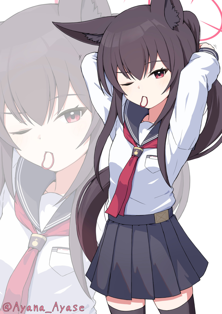 1girl, absurdres, adjusting_hair, animal_ears, arms_behind_head, arms_up, ayana_ayase, black_thighhighs