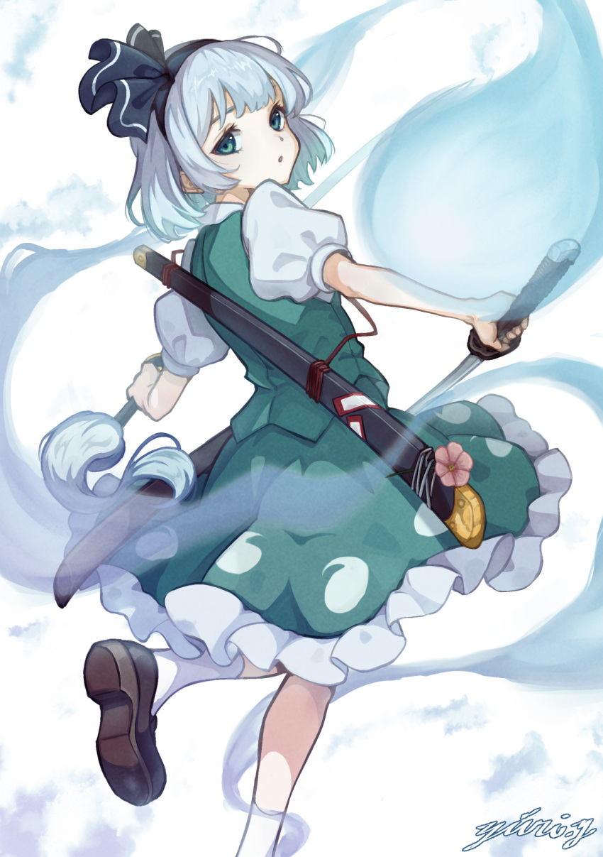 1girl, black_ribbon, brown_shoes, commentary, dual_wielding, flower, foot_out_of_frame, frilled_skirt