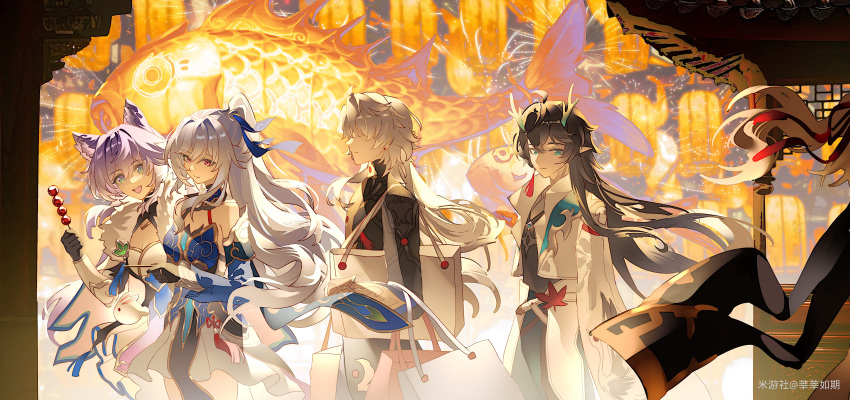 2girls, 3boys, absurdres, animal_ears, bag, baiheng_(honkai:_star_rail), bare_shoulders, black_hair, blade_(honkai:_star_rail), blue_dress, breasts, chinese_clothes, closed_mouth, commentary_request, cowboy_shot, dan_feng_(honkai:_star_rail), dan_heng_(honkai:_star_rail), dan_heng_(imbibitor_lunae)_(honkai:_star_rail), detached_sleeves, dragon_boy, dragon_horns, dress, food, fox_ears, fox_girl, green_eyes, hair_between_eyes, high-cloud_quintet_(honkai:_star_rail), highres, holding, holding_bag, holding_food, holding_skewer, honkai:_star_rail, honkai_(series), horns, jing_yuan, jingliu_(honkai:_star_rail), lantern, long_hair, long_sleeves, looking_at_another, looking_at_viewer, medium_breasts, multiple_boys, multiple_girls, open_mouth, out_of_frame, paper_lantern, pointy_ears, purple_hair, red_eyes, shen_shen_ruqi, shopping_bag, skewer, smile, tanghulu, white_hair, yingxing_(honkai:_star_rail)