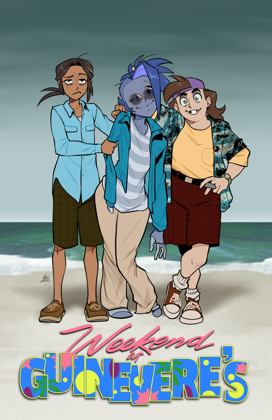 3girls, andrea_(knights_of_guinevere), android, backwards_hat, beach, belt, blue_jacket, blue_shirt