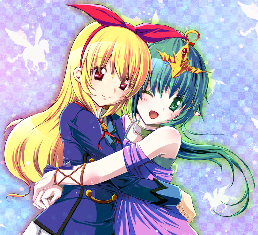 2000s_(style), 2girls, ;d, aikatsu!, aikatsu!_(series), bare_shoulders, blonde_hair, bow