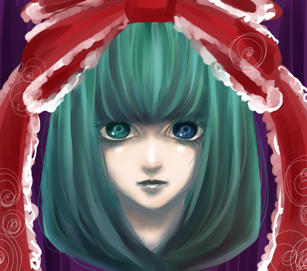 00bakuon00, aqua_eyes, aqua_hair, bad_id, blue_eyes, bow, face, front_ponytail, hair_bow, heterochromia, kagiyama_hina, lips, lipstick, lowres, makeup, nimai-jita, portrait, ribbon, solo, touhou