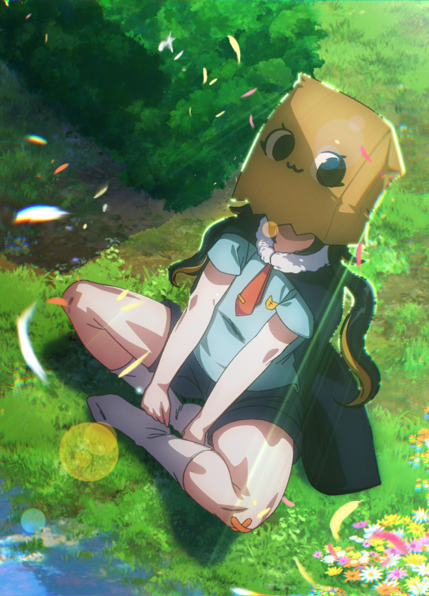 1girl, :3, averting_eyes, bag, bag_over_head, bandaid, bandaid_on_knee, bandaid_on_leg
