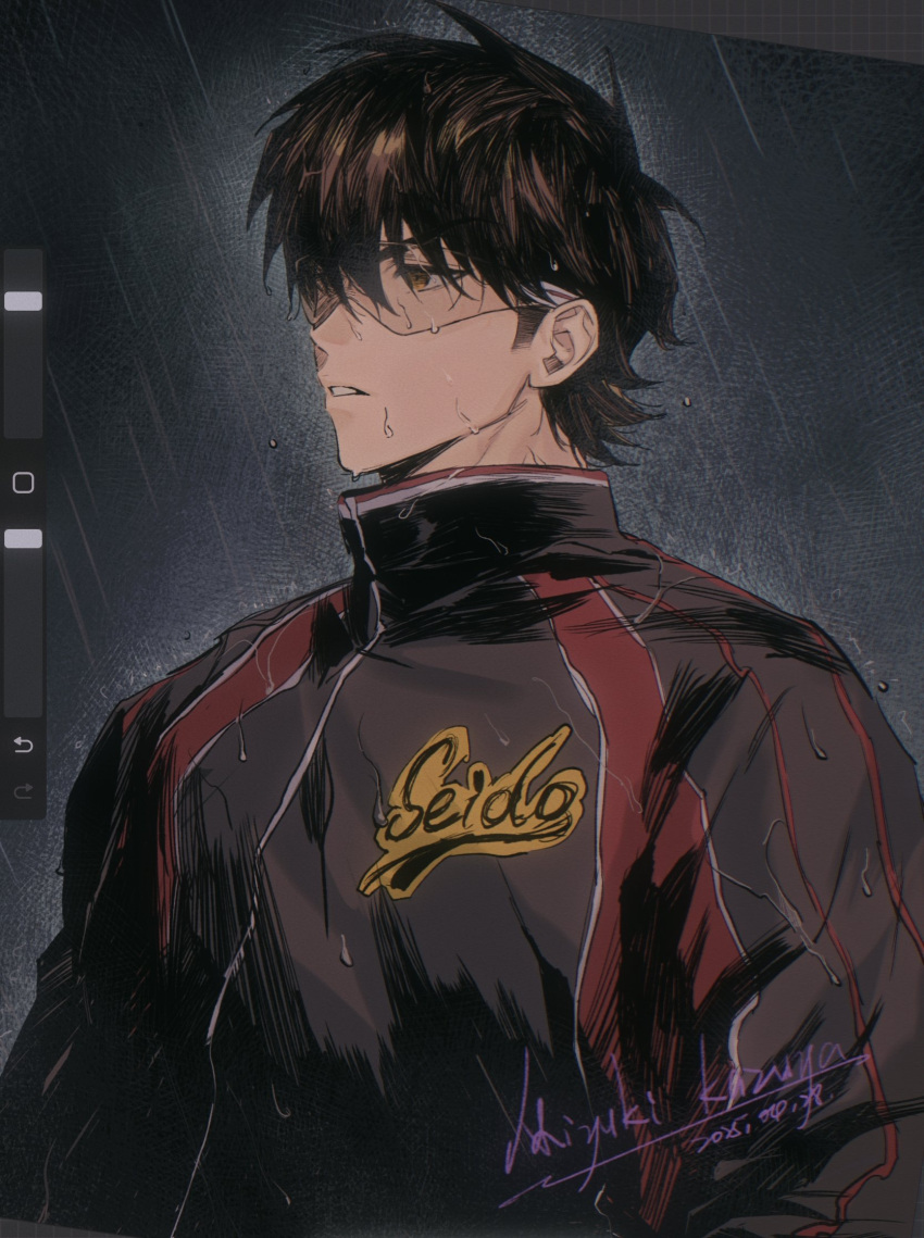 1boy, ace_of_diamond, art_program_in_frame, brown_eyes, brown_hair, character_name, commentary, dated