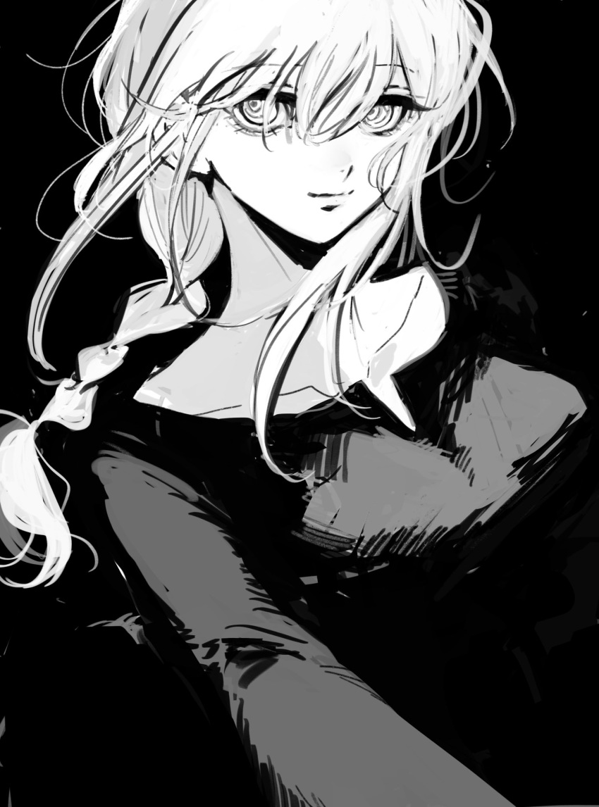 1girl, braid, braided_ponytail, chainsaw_man, closed_mouth, dress, greyscale, highres