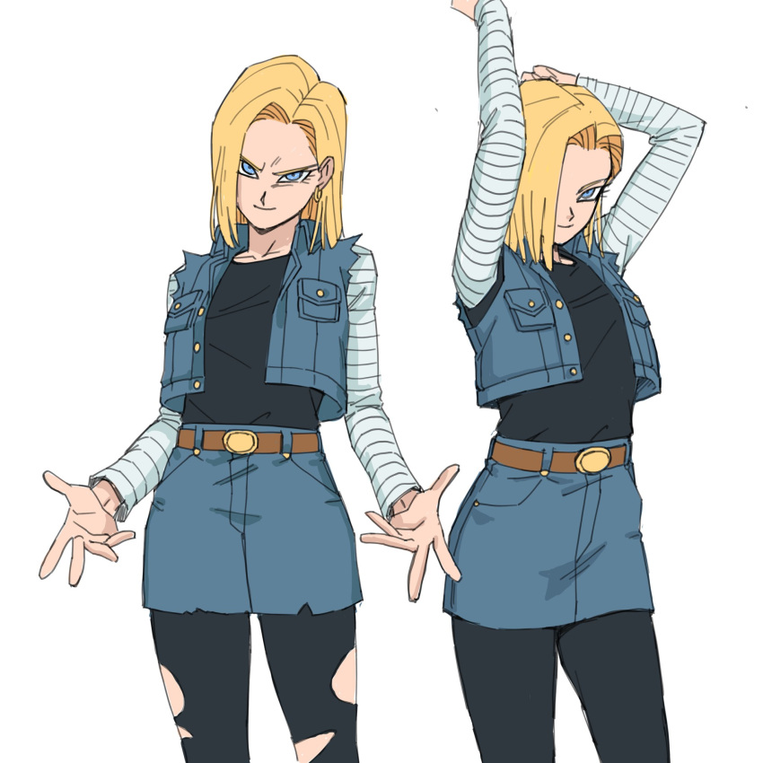 1girl, android_18, arm_behind_head, arm_up, belt, belt_buckle, black_pantyhose, black_shirt, blonde_hair, blue_eyes, boots, breast_pocket, brown_belt, brown_boots, buckle, cowboy_shot, denim, denim_jacket, denim_skirt, denim_vest, dragon_ball, dragon_ball_z, earrings, english_commentary, facing_viewer, genniax, hair_over_one_eye, highres, jacket, jewelry, light_smile, looking_at_viewer, medium_hair, multiple_views, outstretched_arms, pantyhose, pocket, shirt, simple_background, skirt, skirt_pocket, sleeveless, sleeveless_jacket, smirk, solo, spread_fingers, striped_sleeves, torn_clothes, torn_pantyhose, white_background