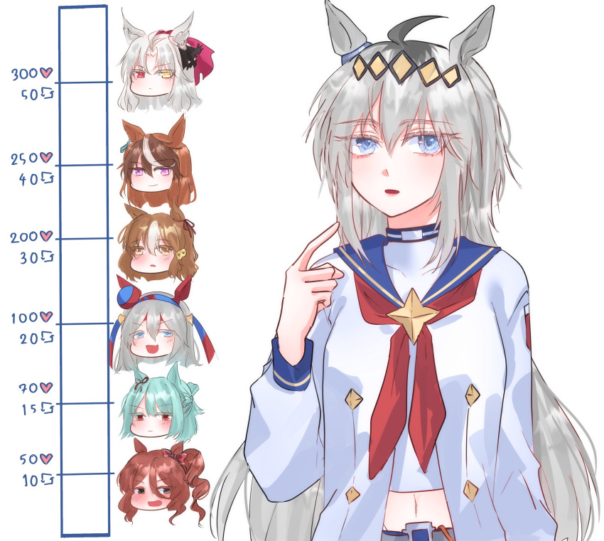 6+girls, absurdres, animal_ears, b_lt, belno_light_(umamusume), blue_eyes, blue_hair, blue_sailor_collar, blush, brown_eyes, brown_hair, closed_mouth, commentary, ear_covers, english_commentary, fang, folkqueen_(umamusume), fujimasa_march_(umamusume), grey_hair, hand_up, heterochromia, highres, horse_ears, horse_girl, kiss_meter_(meme), long_hair, meme, midriff, multicolored_hair, multiple_girls, neckerchief, norn_ace_(umamusume), oguri_cap_(starlight_beat)_(umamusume), oguri_cap_(umamusume), parted_lips, pointing, pointing_at_self, red_eyes, red_neckerchief, roots_(hair), sailor_collar, shirt, side_ponytail, skin_fang, smile, symboli_rudolf_(umamusume), tamamo_cross_(umamusume), umamusume, umamusume:_cinderella_gray, violet_eyes, white_hair, white_shirt, white_streaks, yellow_eyes