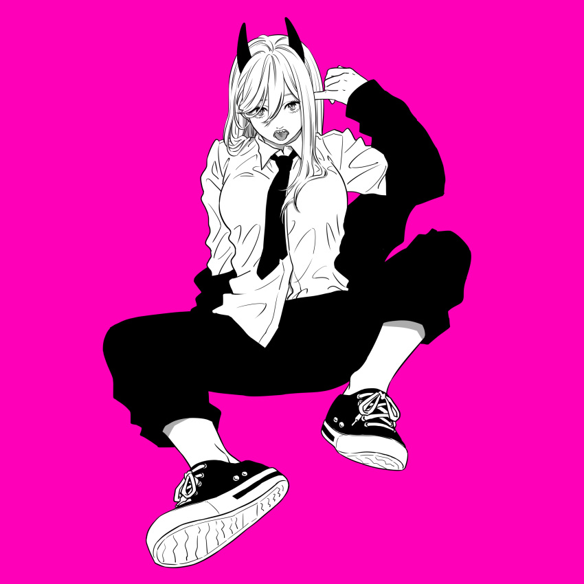 1girl, breasts, chainsaw_man, commentary_request, dakuonpu, finger_in_ear, full_body, greyscale_with_colored_background, highres, horns, medium_breasts, necktie, pants, pink_background, power_(chainsaw_man), sharp_teeth, shirt_partially_tucked_in, shoes, sneakers, solo, teeth, tongue, tongue_out