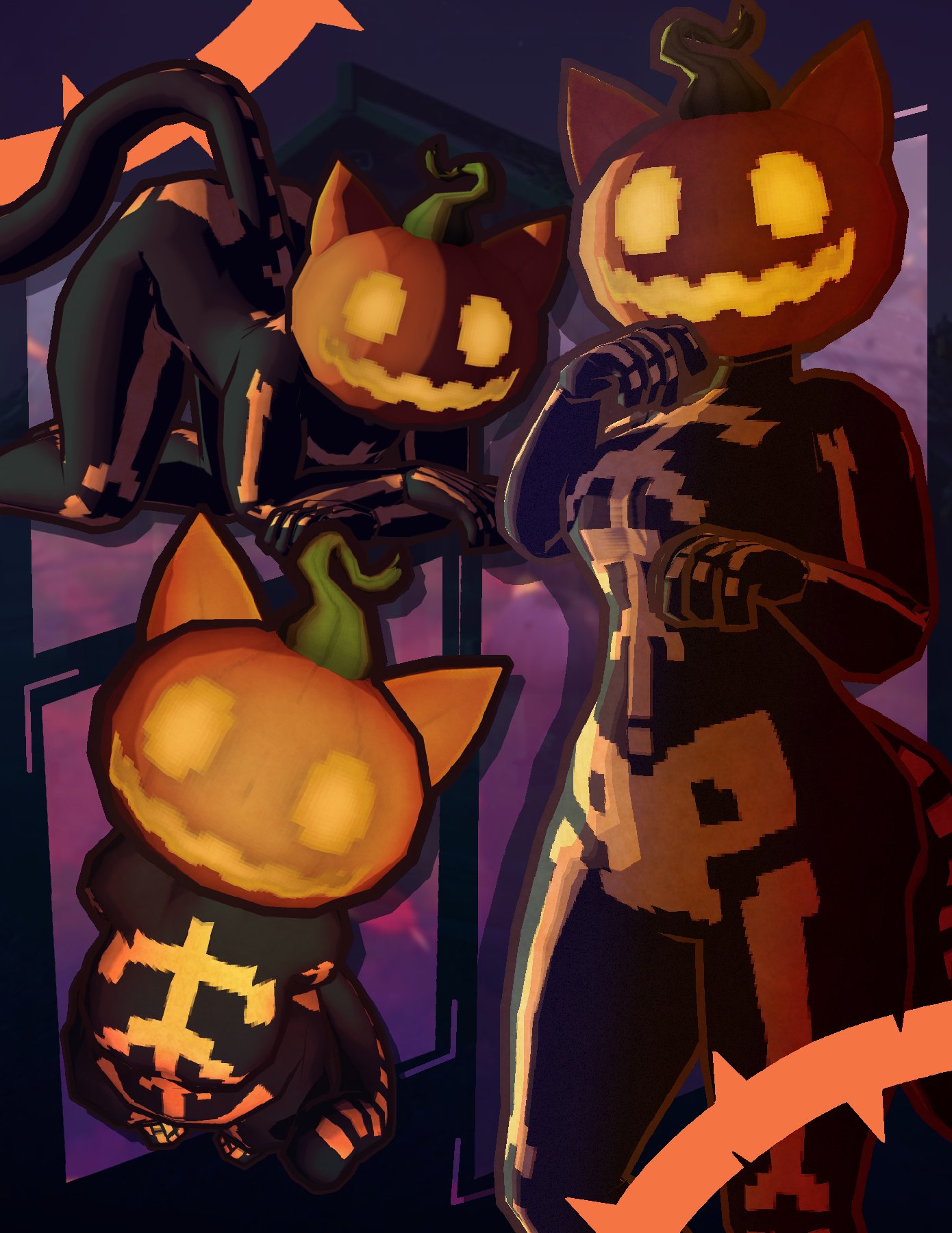 3d, animal_ears, black_bodysuit, bodysuit, breasts, cat_ears, cat_girl, cat_tail, fortnite, glowing, glowing_eyes, glowing_mouth, highres, jack-o'-lantern, jack-o'-lantern_head, large_breasts, looking_at_viewer, nessasdead, paw_pose, pumpkin, pumpkin_head, skeleton_print, smile, solo, spice_(fortnite), tail