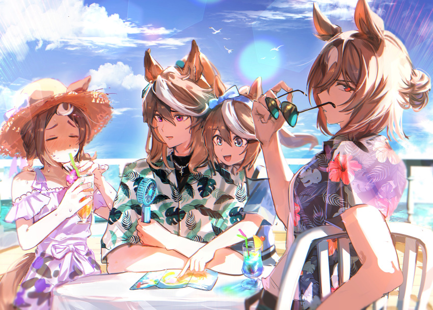 4girls, :d, absurdres, animal_ears, bird, black_shirt, blue_eyes, blush