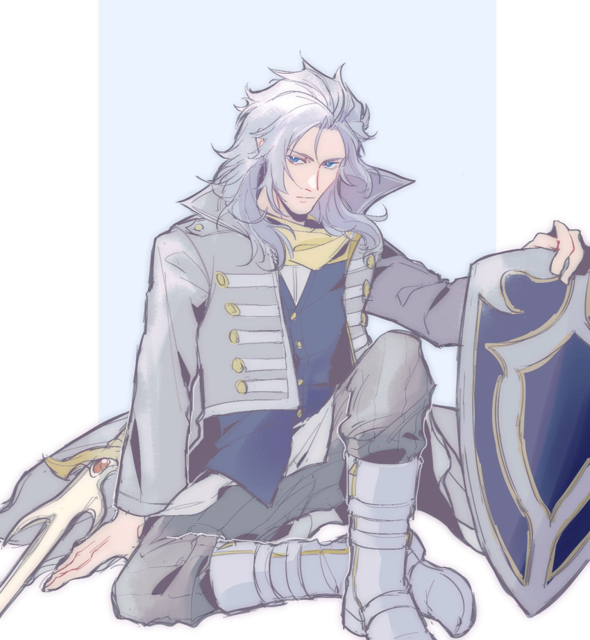 1boy, armored_boots, blue_background, blue_eyes, blue_vest, boots, border, cropped_jacket