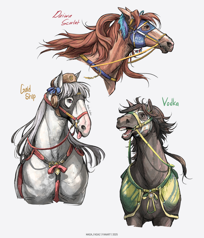 absurdres, animal_focus, bridle, brown_hat, closed_mouth, daiwa_scarlet_(racehorse), daiwa_scarlet_(umamusume), gold_ship_(racehorse)