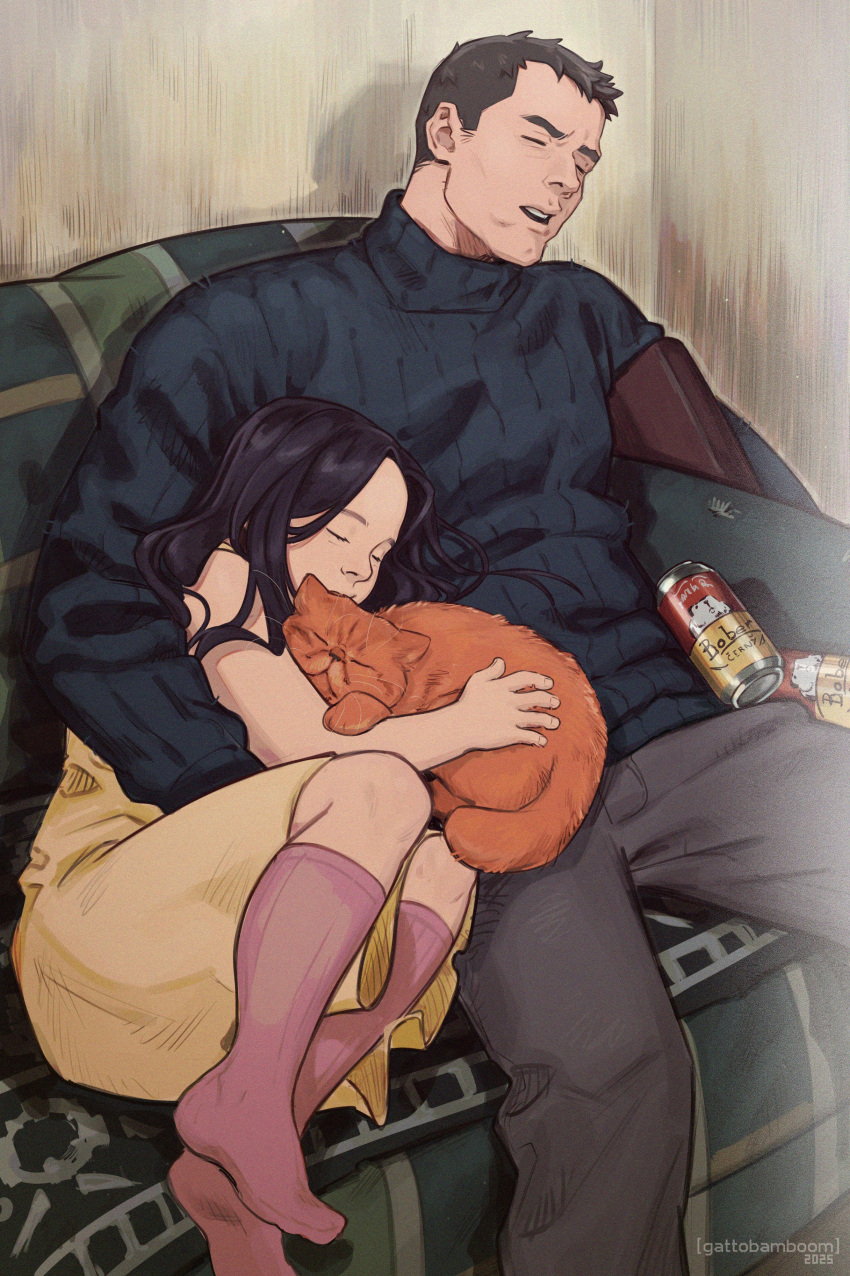 1boy, 1girl, absurdres, animal, beer_can, blue_sweater, can, cat
