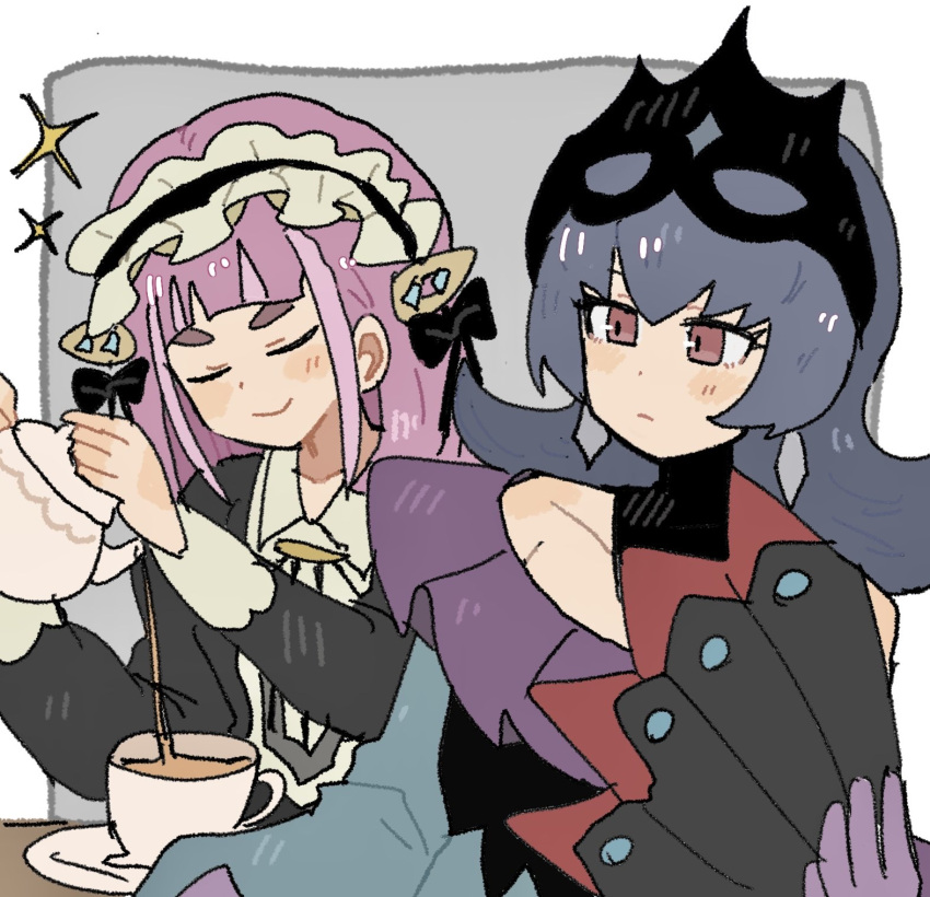 2girls, bellelba_(pokemon), black_dress, closed_eyes, closed_mouth, cup, dress, earrings, hair_ornament, hairclip, han0579, hand_fan, highres, holding, holding_fan, jewelry, lacey_(fall_2025)_(pokemon), lacey_(pokemon), long_sleeves, looking_at_another, maid, maid_headdress, multiple_girls, official_alternate_costume, pink_hair, pokemon, pokemon_masters_ex, pouring, purple_hair, red_eyes, sabrina_(pokemon), tea, teacup, teapot, upper_body