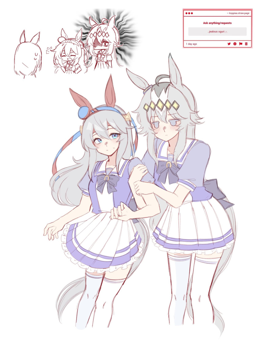 3girls, ahoge, animal_ears, blue_eyes, blue_hairband, blush, bow, closed_eyes