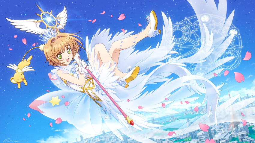 1girl, back_bow, blue_sky, bow, brown_hair, cardcaptor_sakura, cardcaptor_sakura_clear_card_arc, city