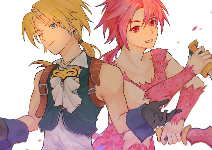 2boys, ascot, bare_shoulders, black_gloves, blonde_hair, blue_eyes, blue_wrist_cuffs, carmen_erla