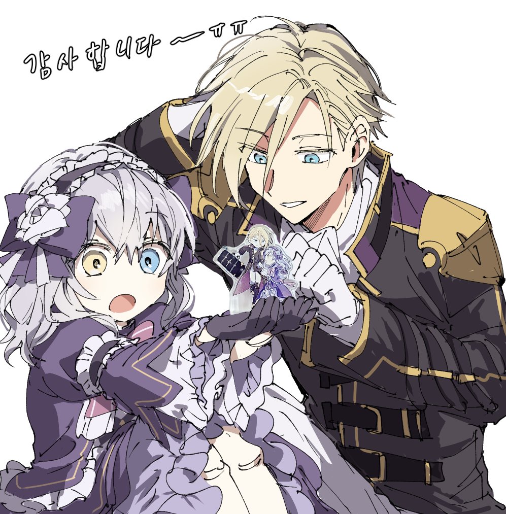 1boy, 1girl, artist_request, black_gloves, blue_eyes, bow, crossed_bangs, double-parted_bangs, dress, eiyuu_densetsu, flower_hairband, frilled_dress, frills, gloves, hair_between_eyes, hair_bow, hajimari_no_kiseki, heterochromia, lapis_rosenberg, long_sleeves, parted_bangs, rufus_albarea, simple_background, standee, white_background, white_gloves