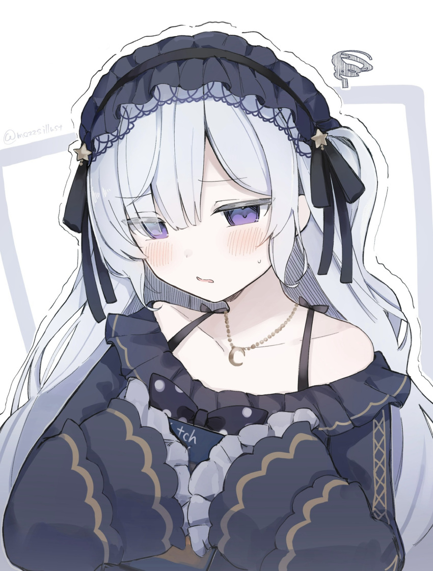 1girl, black_ribbon, blush, commentary_request, crescent, crescent_necklace, frilled_sleeves, frills, furrowed_brow, gothic_lolita, hair_over_one_eye, hair_ribbon, hairband, hands_up, highres, holding, holding_sketchbook, jewelry, lolita_fashion, lolita_hairband, long_hair, long_sleeves, looking_at_viewer, magical_girl, mahou_shoujo_no_majo_saiban, mozzs, natsume_an-an, necklace, ribbon, shy, sketchbook, sleeves_past_fingers, sleeves_past_wrists, solo, squiggle, star_(symbol), sweatdrop, upper_body, violet_eyes