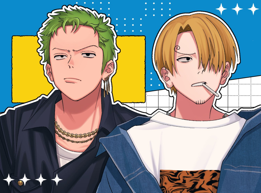 2boys, black_shirt, blonde_hair, blue_jacket, cigarette, commentary, crew_neck, curly_eyebrows, earrings, facial_hair, goatee, green_hair, jacket, jewelry, looking_to_the_side, male_focus, multiple_boys, multiple_necklaces, necklace, ntuki_oo3, one_piece, open_clothes, open_jacket, parted_hair, parted_lips, piercing, print_shirt, roronoa_zoro, sanji_(one_piece), sanpaku, shirt, sideways_glance, symbol-only_commentary, teeth, upper_body, wing_collar