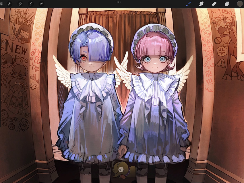 2boys, angel, angel_wings, aqua_eyes, art_program_in_frame, blue_hair, blunt_bangs, bow