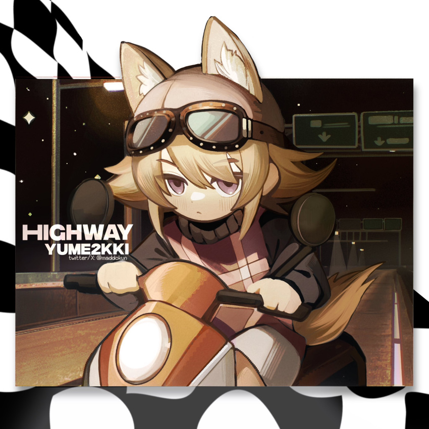 1girl, animal_ears, black_sweater, blonde_hair, closed_mouth, copyright_name, deformed, dot_nose