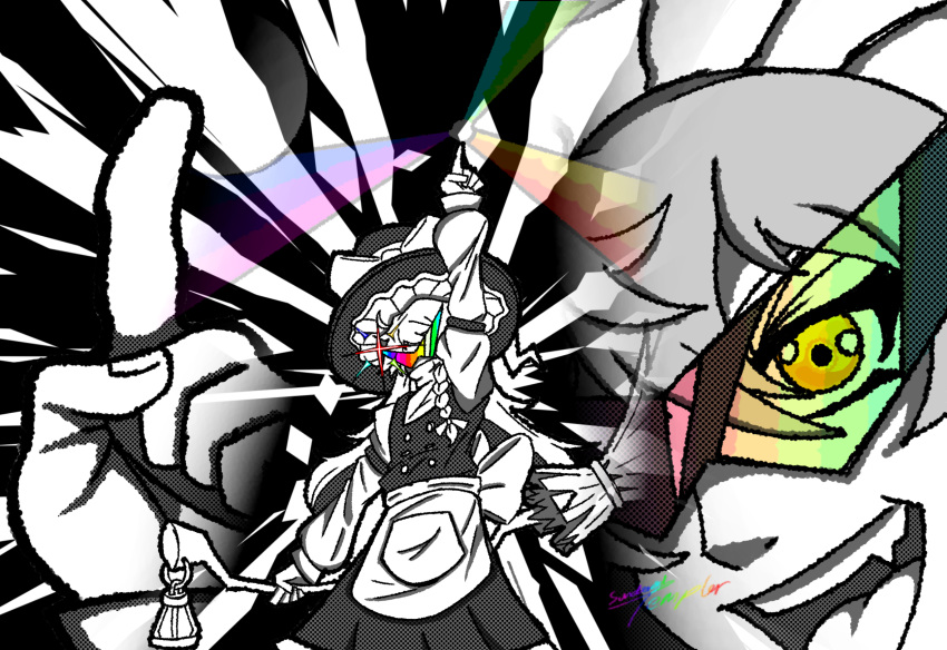 bow, braid, broom, halftone, hat, highres, kamina_(ttgl), kamina_shades