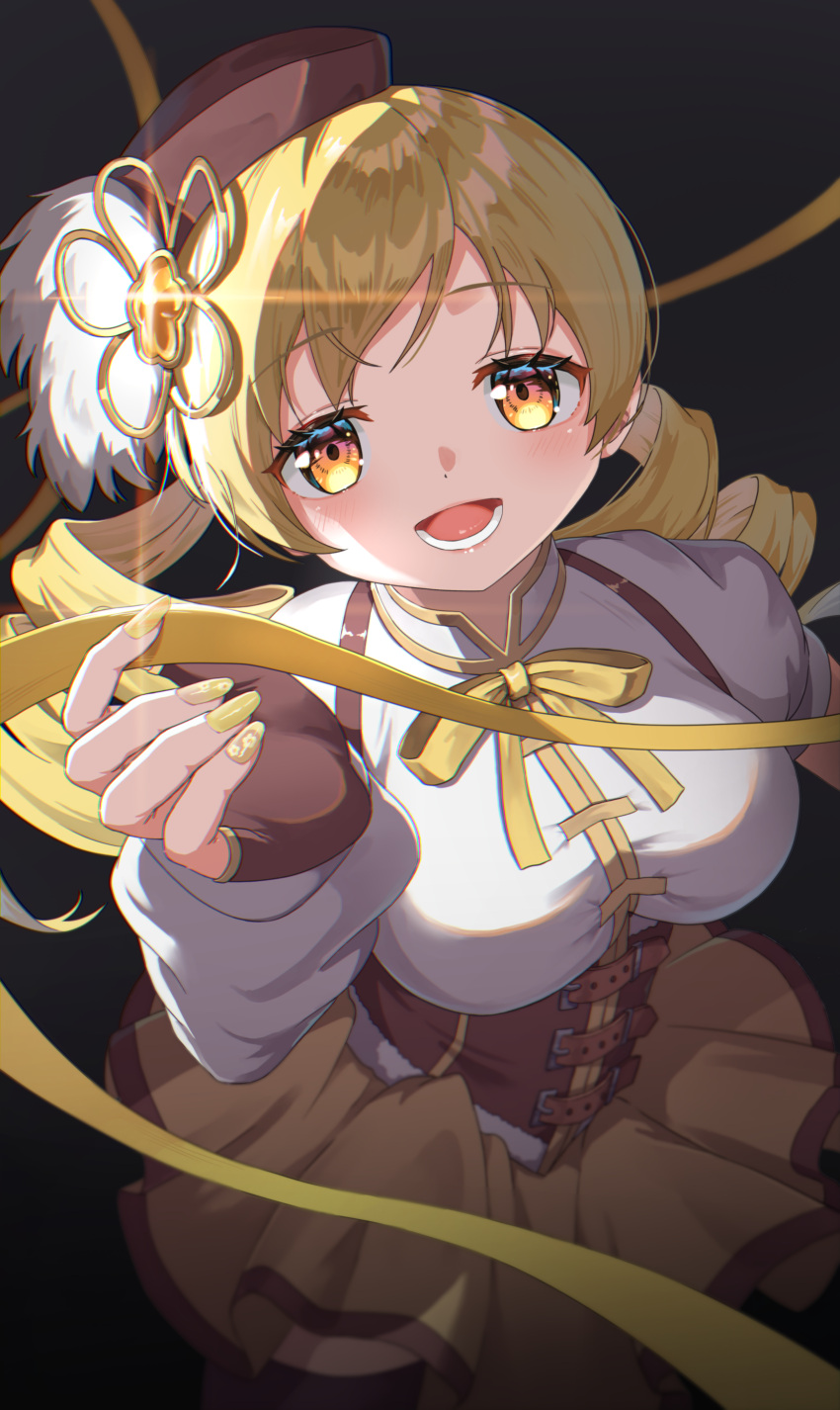 1girl, absurdres, beret, blonde_hair, blush, breasts, brown_eyes, corset