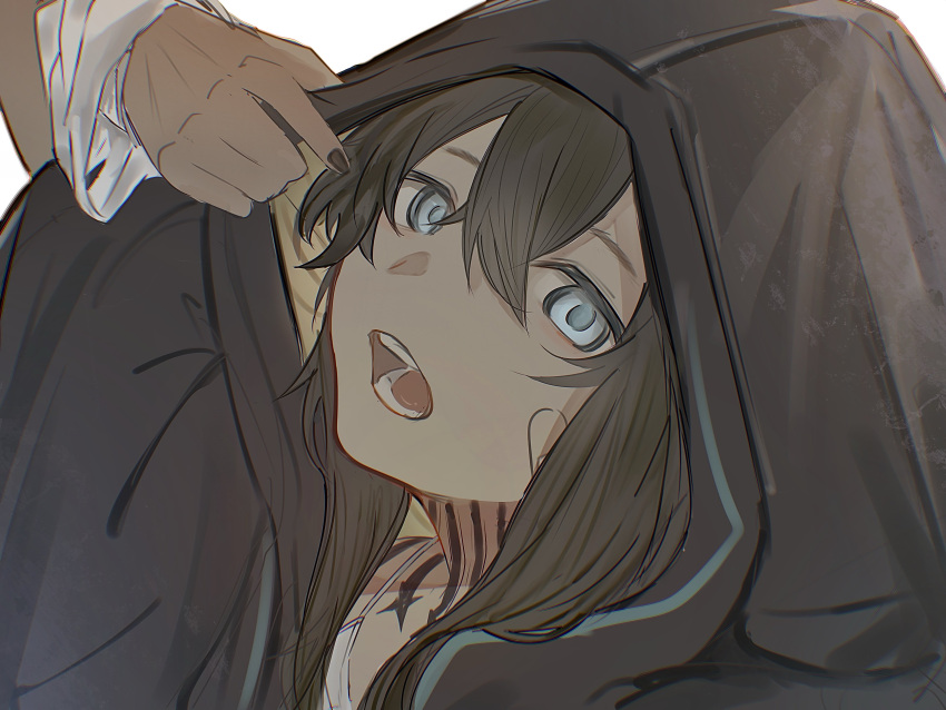 1girl, absurdres, arknights, bandaid, bandaid_on_face, black_hair, black_nails, blue_eyes