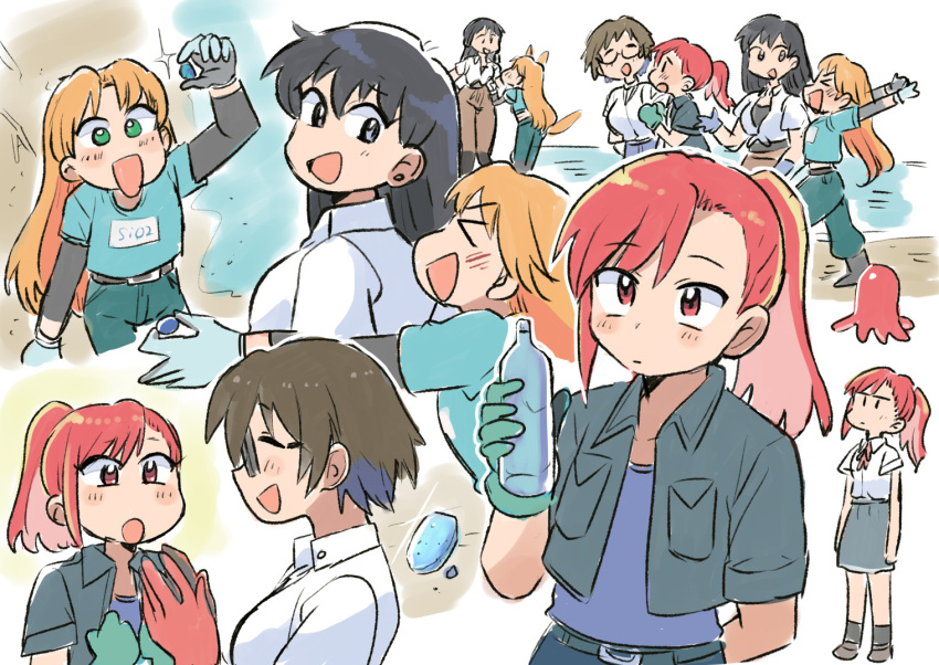 >_<, 4girls, :d, :o, arato_nagi, black_eyes, black_hair, blue_hair
