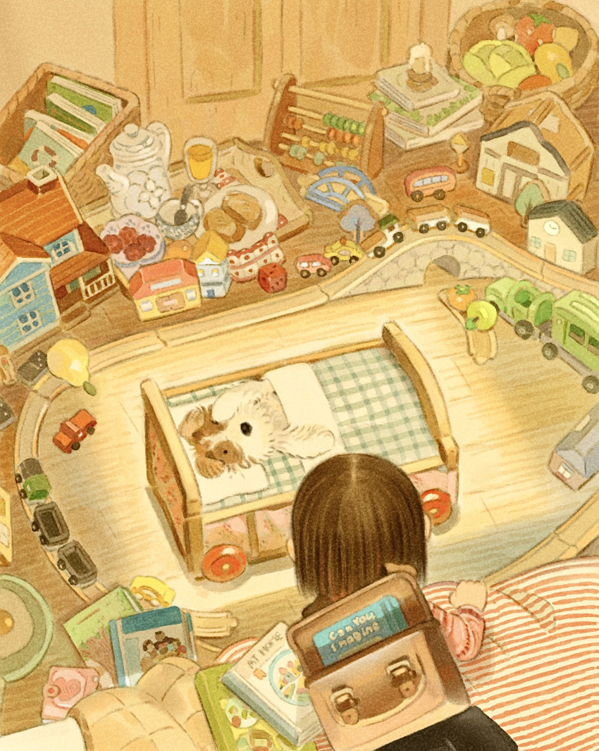 1girl, backpack, bag, basket, child, cup, doll_house, drinking_glass