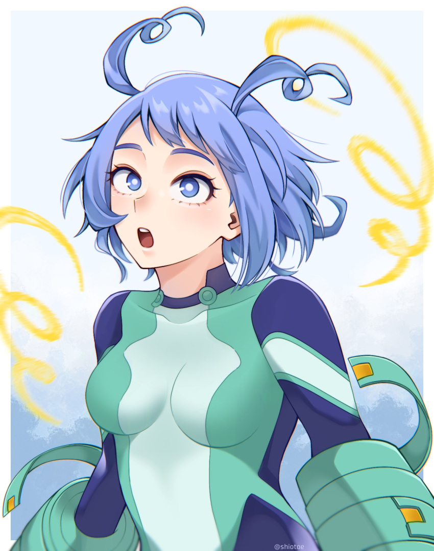 1girl, antenna_hair, blue_bodysuit, blue_eyes, blue_hair, bodysuit, boku_no_hero_academia, breasts