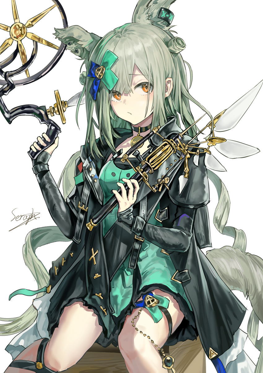 1girl, absurdres, animal_ears, arknights, black_choker, black_jacket, choker, commentary, drill_hair, extra_ears, feet_out_of_frame, green_hair, highres, holding, infection_monitor_(arknights), jacket, long_hair, long_sleeves, looking_at_viewer, morpheus_(arknights), orange_eyes, pendant_choker, saraph_se_la, sidelocks, simple_background, solo, twin_drills, white_background