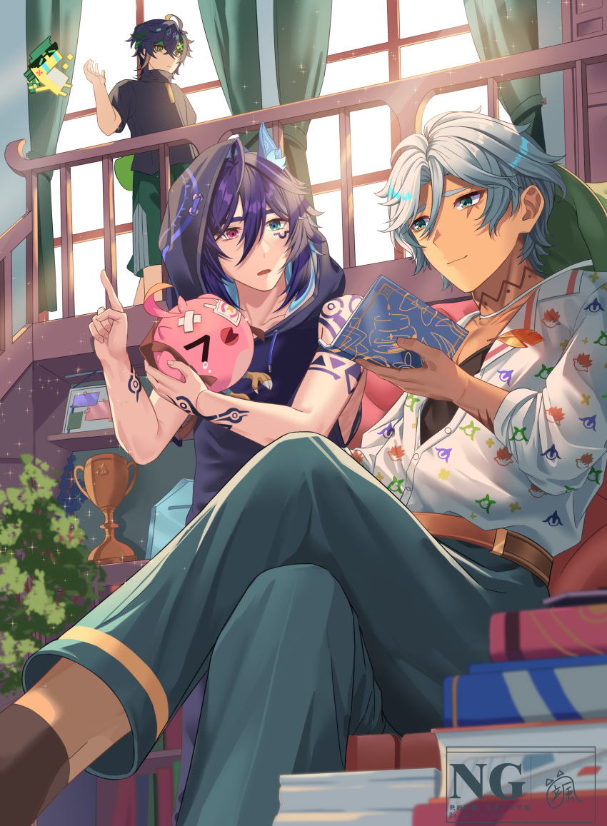 3boys, absurdres, ajaw_(genshin_impact), animal_ears, aqua_eyes, arm_tattoo, bat_ears, belt