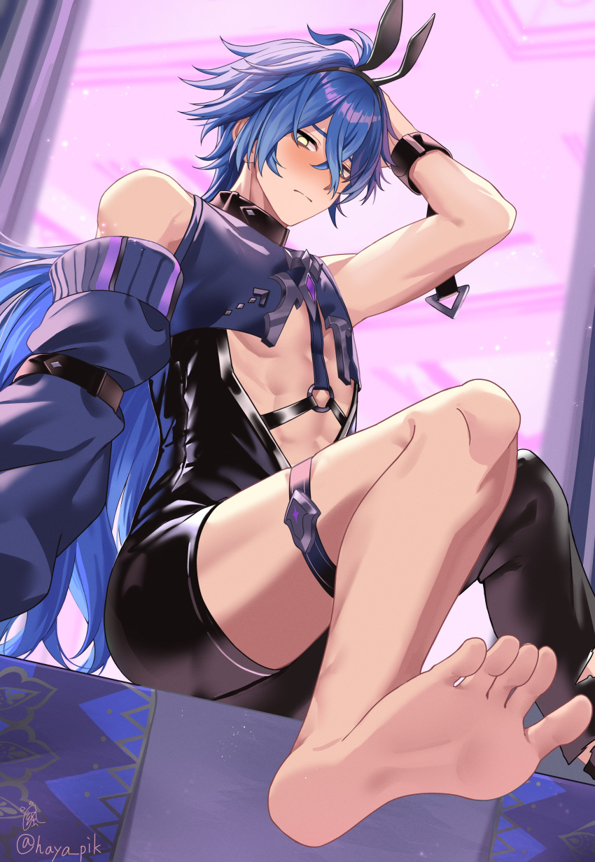 1boy, absurdres, animal_ears, barefoot, black_hairband, black_shirt, black_shorts, black_sleeves