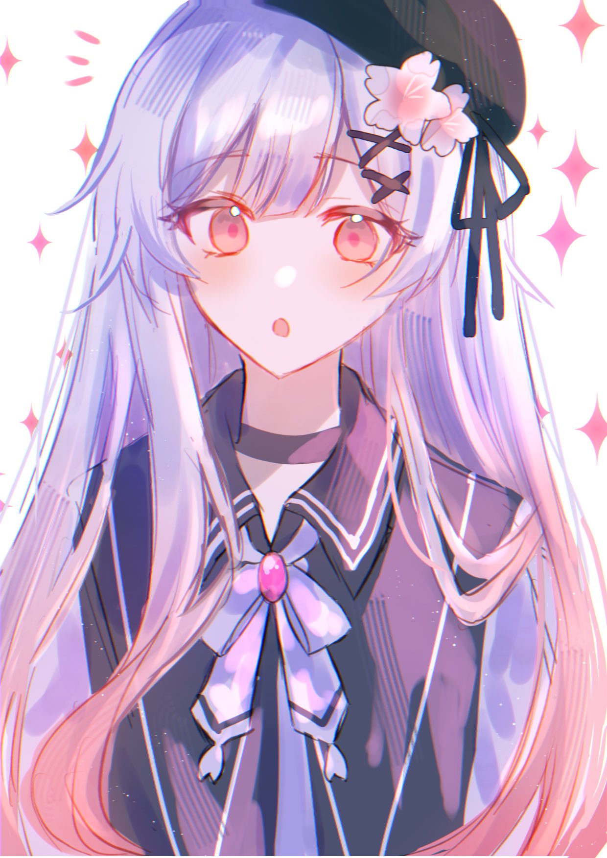 1girl, :o, alternate_hair_length, alternate_hairstyle, beret, black_choker, black_hat, choker, commentary_request, flower, gradient_hair, hair_flower, hair_ornament, hat, highres, long_hair, looking_at_viewer, magical_girl, mahou_shoujo_no_majo_saiban, multicolored_hair, neck_ribbon, notice_lines, open_mouth, pink_eyes, pink_hair, ribbon, rikako0229, sakuraba_ema, solo, sparkle, upper_body, white_background, white_flower, white_hair, white_ribbon, x_hair_ornament