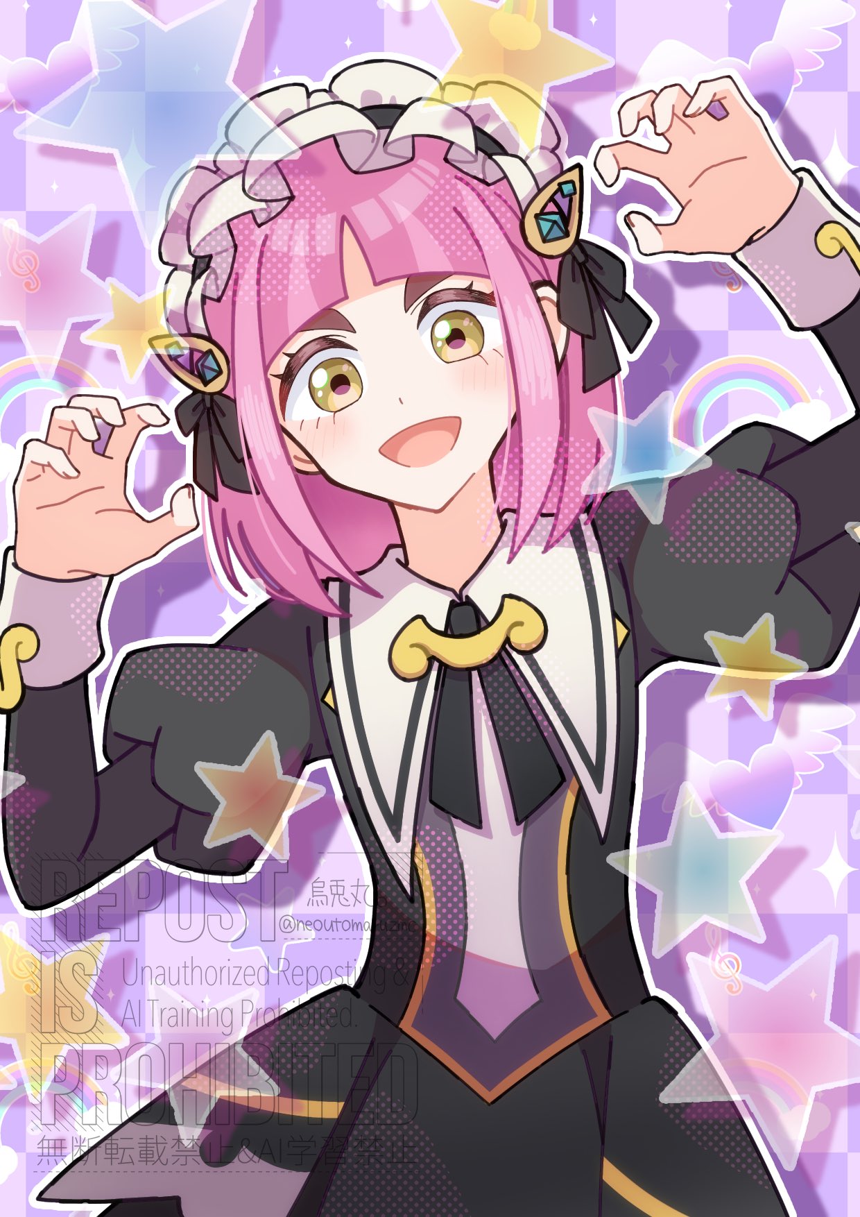 1girl, :d, arched_bangs, black_dress, blush, brown_eyes, claw_pose, dress, hair_ornament, hairclip, heart, highres, juliet_sleeves, lacey_(fall_2025)_(pokemon), lacey_(pokemon), long_sleeves, looking_at_viewer, maid, maid_headdress, musical_note, neosiromaruzmc, official_alternate_costume, open_mouth, outline, pink_hair, pokemon, pokemon_masters_ex, puffy_sleeves, short_hair, smile, solo, star_(symbol), white_outline