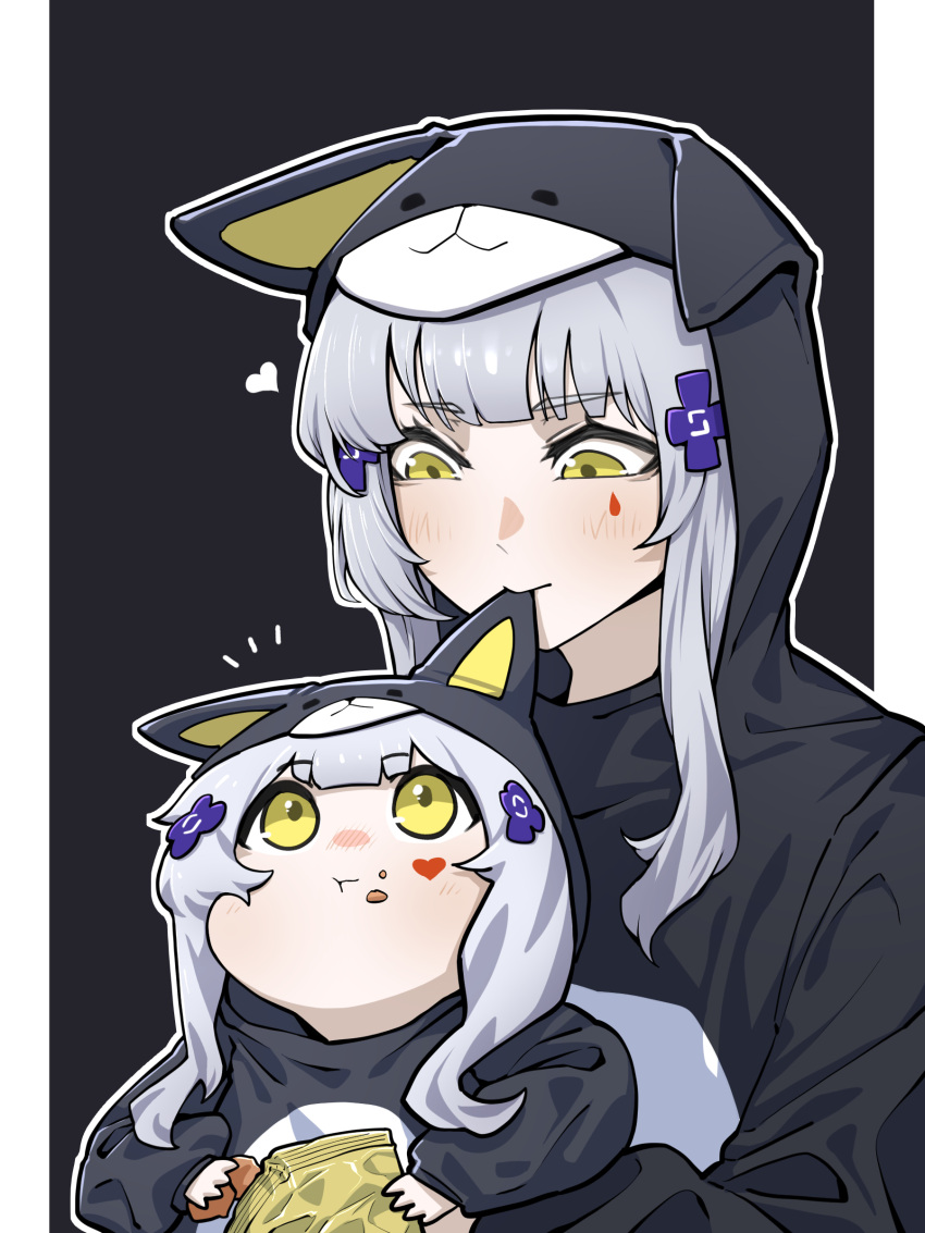 2girls, absurdres, alternate_costume, animal_costume, animal_ears, bag_of_chips, biting, biting_ear