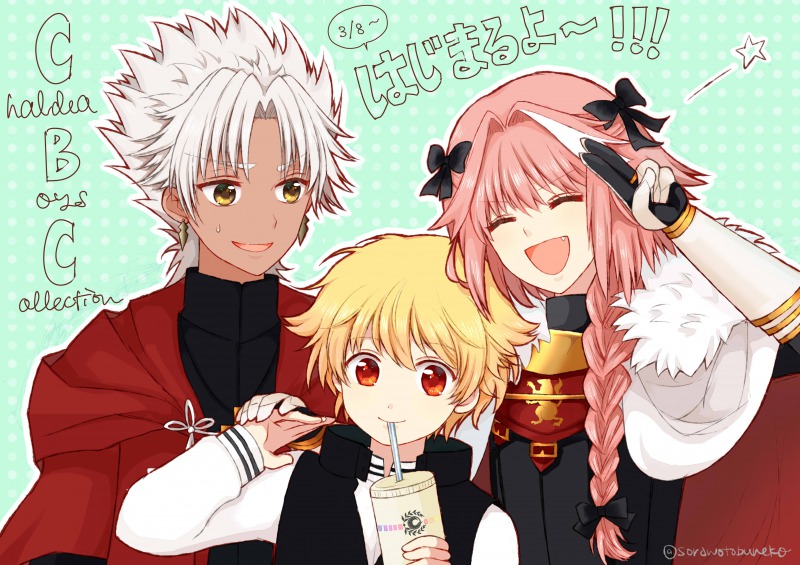 3boys, :d, ^_^, amakusa_shirou_(fate), astolfo_(fate), bad_id, bad_twitter_id, blonde_hair, blush, braid, cape, chaldea_boys_collection, child_gilgamesh_(fate), closed_eyes, dark-skinned_male, dark_skin, fate/apocrypha, fate/grand_order, fate/kaleid_liner_prisma_illya, fate_(series), gilgamesh_(fate), gloves, long_hair, looking_at_viewer, male_focus, multiple_boys, open_mouth, pink_hair, red_eyes, short_hair, single_braid, smile, sorawotobuneko, srnk, sweat, trap, twitter_username, v, violet_eyes, white_hair
