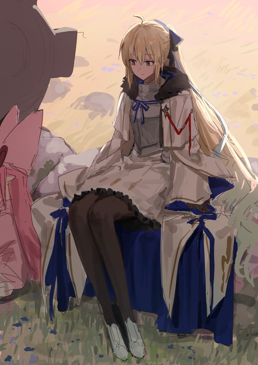 2girls, absurdres, aesc_(fate), aesc_(savior)_(fate), ahoge, armor, black_bow, black_pantyhose, blonde_hair, blue_eyes, bow, breastplate, dress, fate/grand_order, fate_(series), fgo_gwa, habetrot_(fate), hair_bow, hat, high_heels, highres, long_hair, looking_at_another, multiple_girls, pantyhose, pink_hat, white_dress