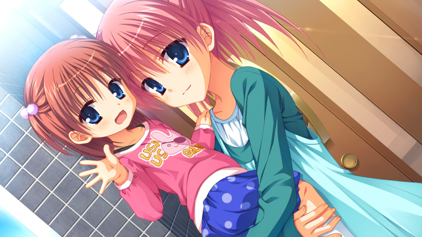 2girls, blue_eyes, blush, brown_hair, child, game_cg, kunihiro_hinata, mother_and_daughter