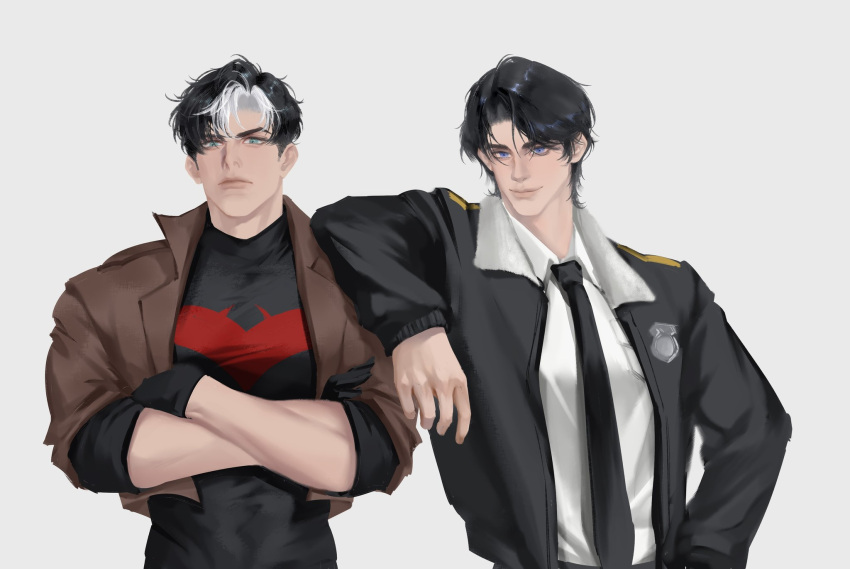 bat_signal, batman_(series), batman_symbol, black_bodysuit, black_gloves, blue_eyes, bodysuit, brown_jacket, dc_comics, dick_grayson, gloves, grey_bodysuit, highres, ichinoseguki, jacket, jason_todd, male_focus, multicolored_bodysuit, multiple_boys, muscular, muscular_male, open_clothes, pants, police, police_uniform, red_hood_(dc), red_hood_and_the_outlaws, short_hair, superhero_costume, taut_bodysuit, two-tone_bodysuit