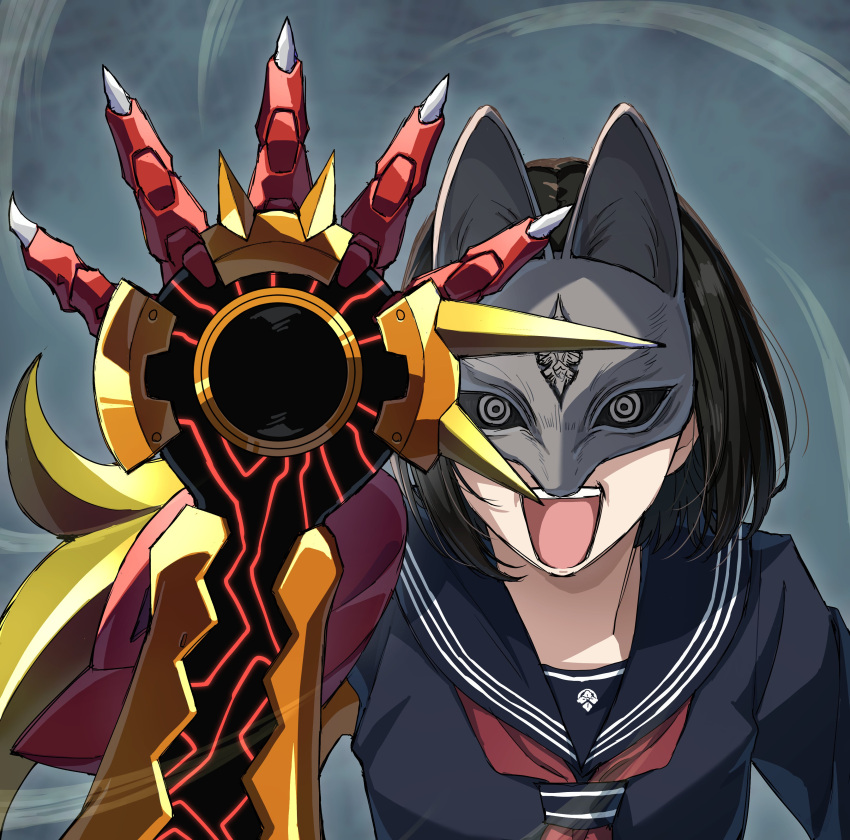 1girl, absurdres, black_hair, bob_cut, fox_hinako, fox_mask, highres, mask