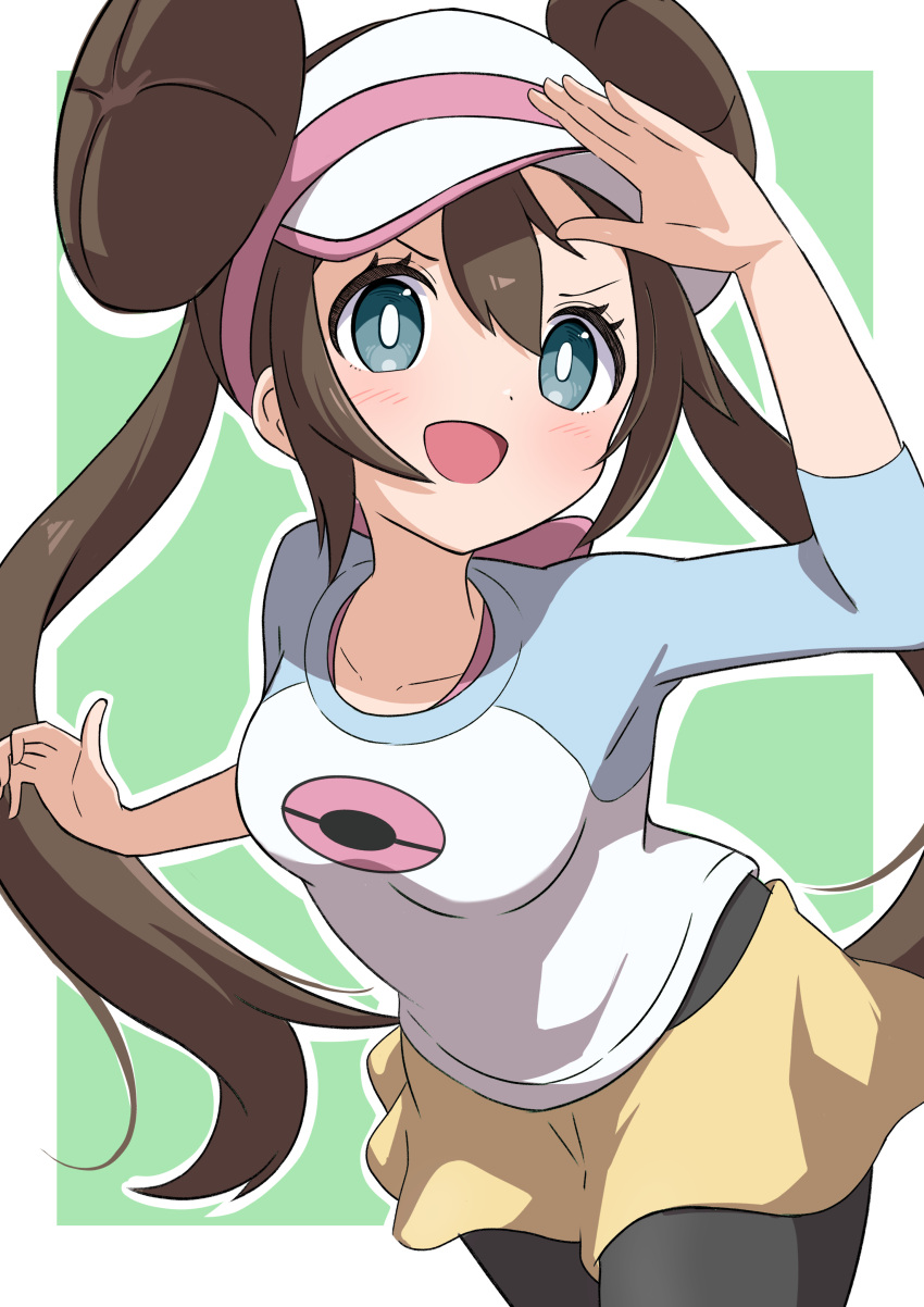 1girl, :d, absurdres, arm_up, black_leggings, blue_eyes, blush, breasts